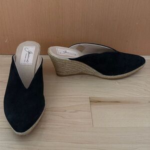 Black suede, pointy wedge heeled mules. Handmade in Spain.